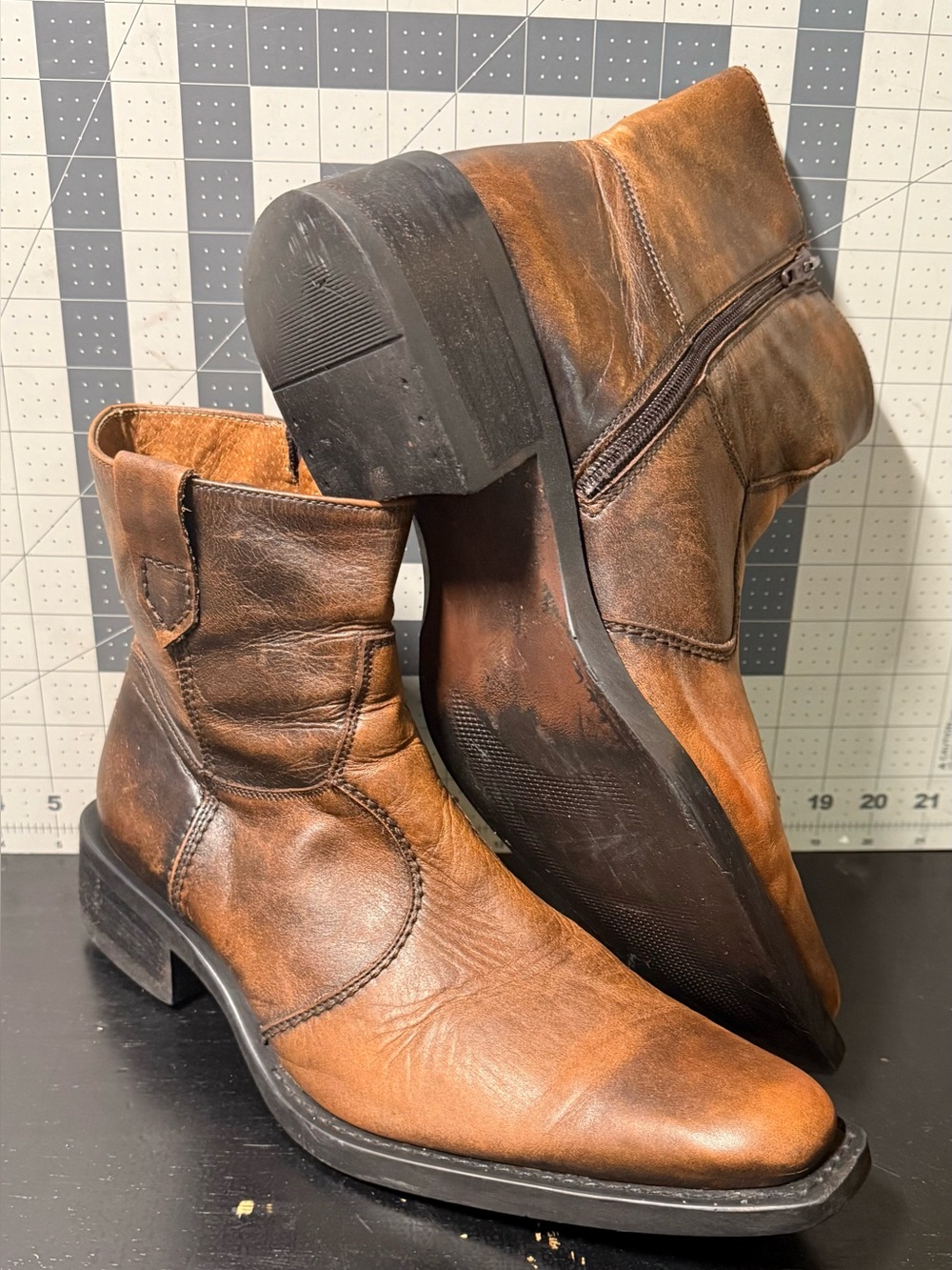 ALDO MEN'S DISTRESSED LEATHER BROWN ANKLE SIDE ZIP SQUARE TOE BOOTS Size 11 US